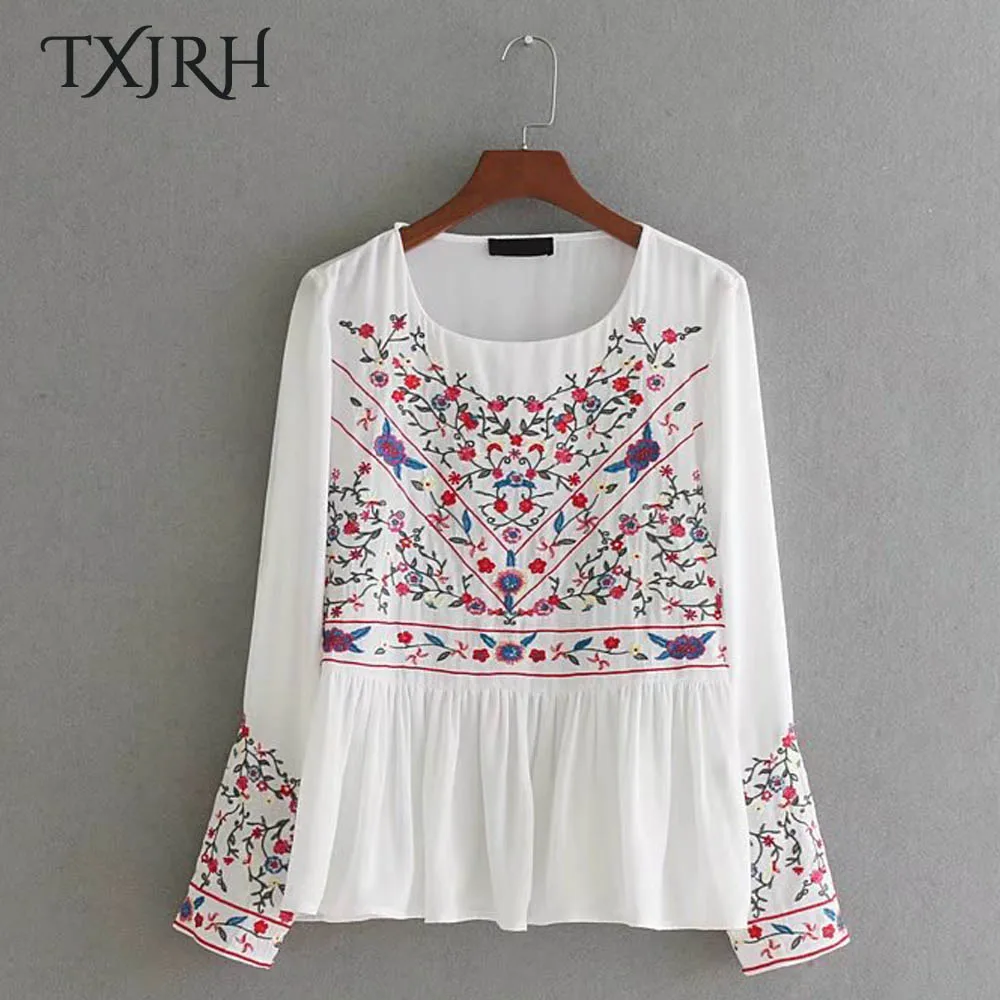

TXJRH Fashion Ethnic Floral Embroidery O-Neck Pullover Shirt Long Sleeve Casual Blouse Pleated Hem Loose Top Stylish Women White