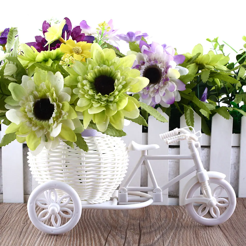 2016 Hot Sale New Plastic White Tricycle Bike Design Flower Basket Container For Flower Plant Home Weddding Decoration