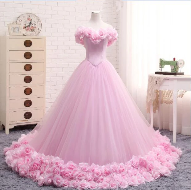 Розовый Принцесса Бальные платья с открытыми плечами цветочный длинный Тюль Формальное Пышное Бальное Платье для девочек vestidos De 15 Anos