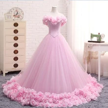 Розовый Принцесса Бальные платья с открытыми плечами цветочный длинный Тюль Формальное Пышное Бальное Платье для девочек vestidos De 15 Anos