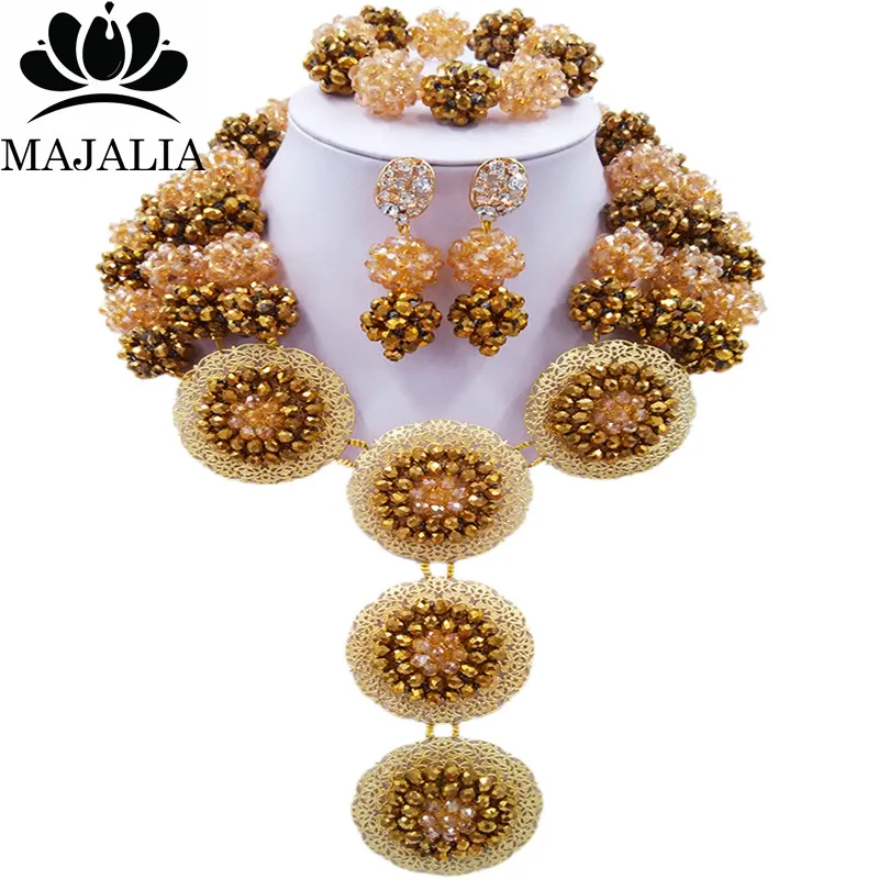 

Majalia Fashion Nigeria Wedding African Beads Jewelry Set Golden color and gold ab Crystal Necklace Bridal Jewelry Sets 3SP030