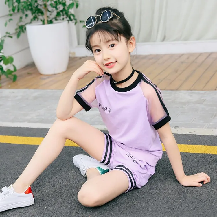 Summer Kids Clothes Sports Suit For Teenage Girls Clothing Sets Fashion Tshirt Shorts Child Tracksuit Active Girls Outfits 2 Pcs (1)
