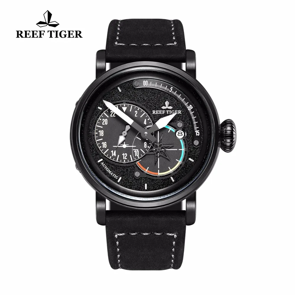 Reef Tiger/RT военные часы мужские водонепроницаемые механические часы пилота авиационный ремешок из натуральной кожи часы RGA3019