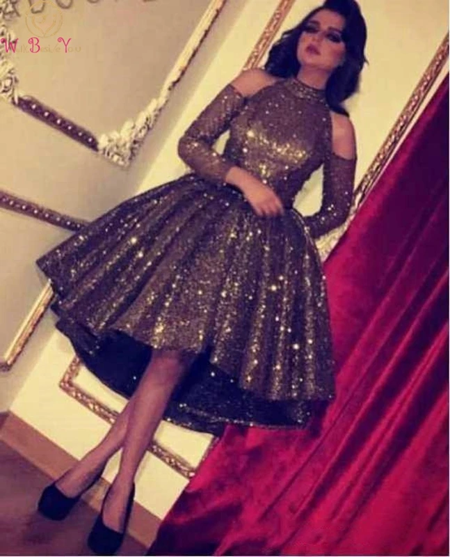 

Chocolate Color Prom Dress Sequined Reflective Three Quarter Sleeves Knee Length Front Long Back High Neck Sexy Evening Dress