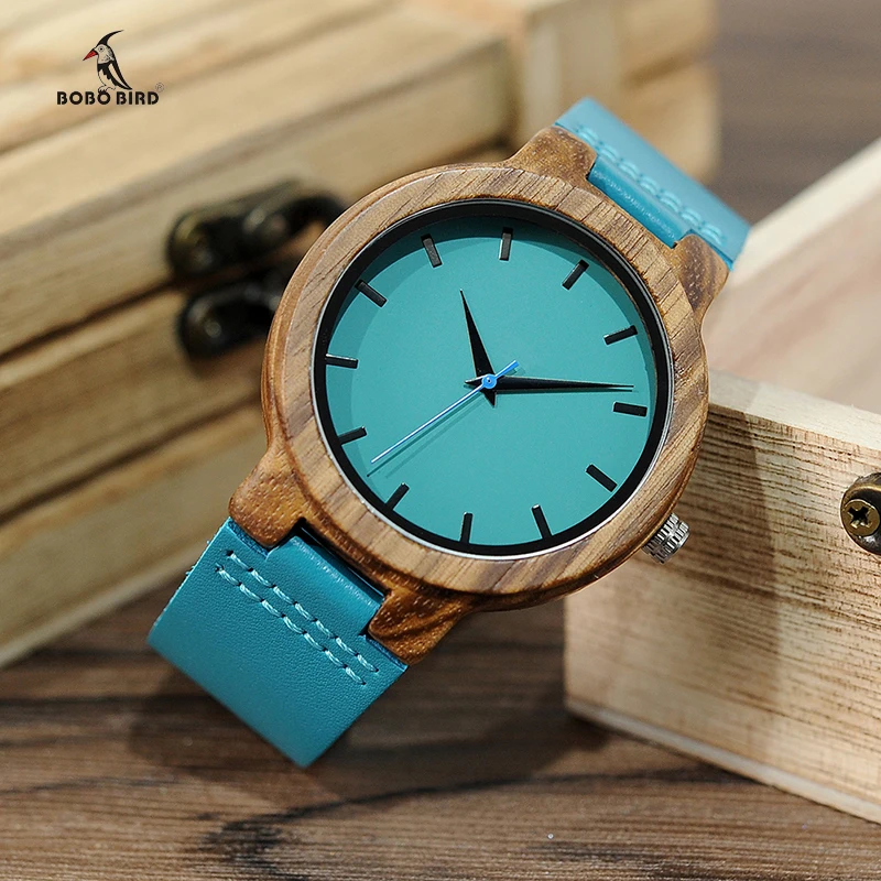 BOBO BIRD Lovers Watch Men Elegant Turquoise Blue Leather Watches Women Stylish Quartz Wristwratch reloj mujer C-C28