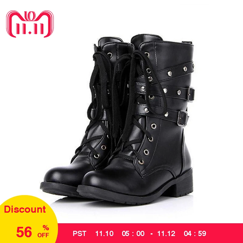 

Plus Size 42 for Women Lace Up Martin Boots Round Toe PU Leather Boots Shoes Ladies Combat Military Ankle Motorcycle Boots