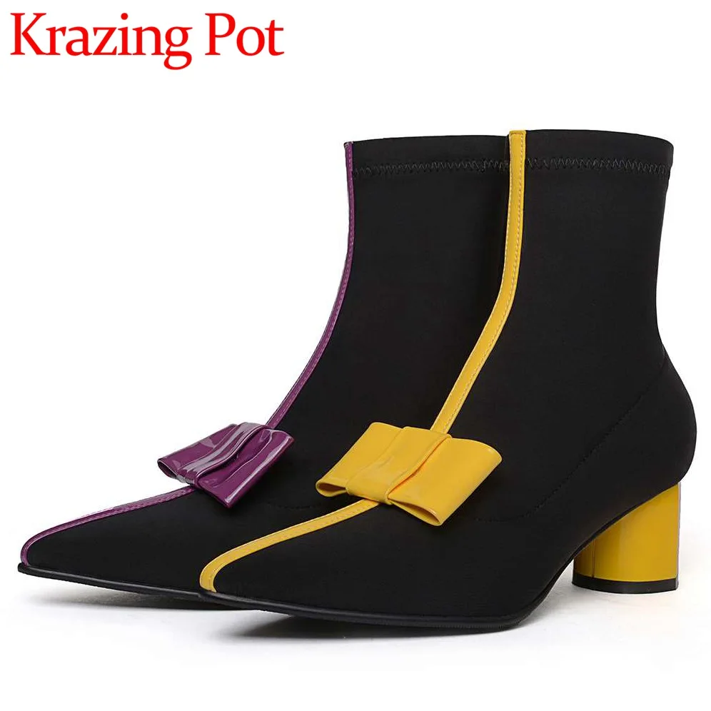 

Elegance mixed colord sweet butterfly-knot round low heels fairy pointed toe chelsea boots woman slip on stretch ankle boots L33