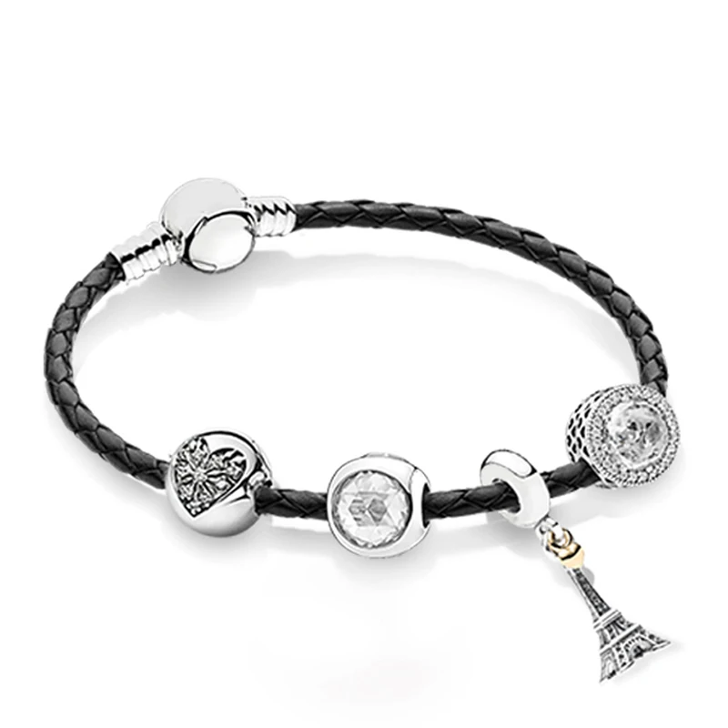 

NEW 100% 925 Sterling Silver New 1:1 Love Eiffel Tower Leather Hand Strap Set Charming Fashion Elegant Charm Jewelry Gift