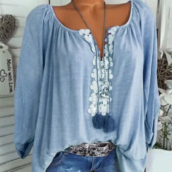 

Spring V-neck Long Sleeve Shirt Women Solid Loose Blouses Lace Patchwork Blouse Female Tops Plus Size