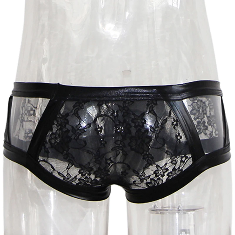 Men Vinyl Underwear Lingerie Sexy Low Waist Lace Patchwork Briefs Underpants Breathable Erotic Fetish Mens Sex Leather Briefs