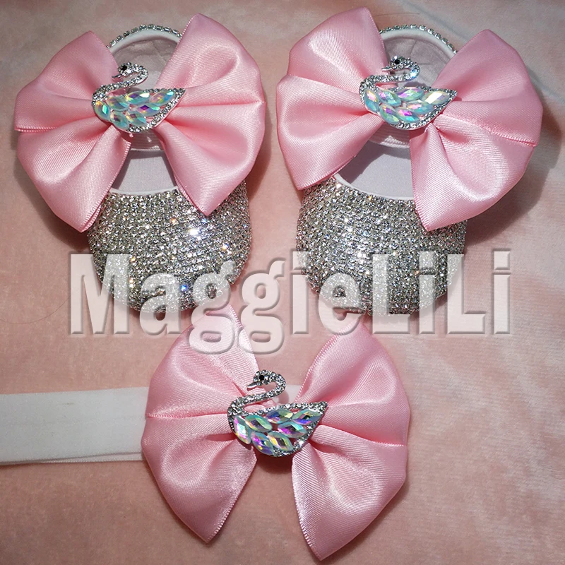  pink bowknot Custom Sparkle Bling crystals Rhinestones Baby girls shoes infant 0-1Y ribbon shoes Fi
