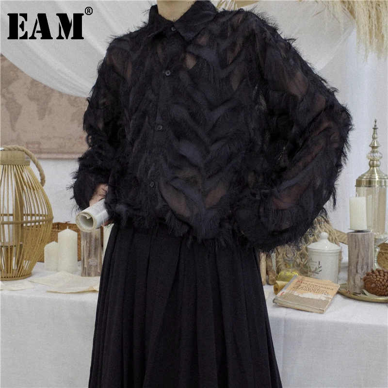 

[EAM] 2019 New Spring Summer Translucent Feather Stand Collar Full Sleeve Loose Tassels Button Shirt Women Fashion Tide OB396