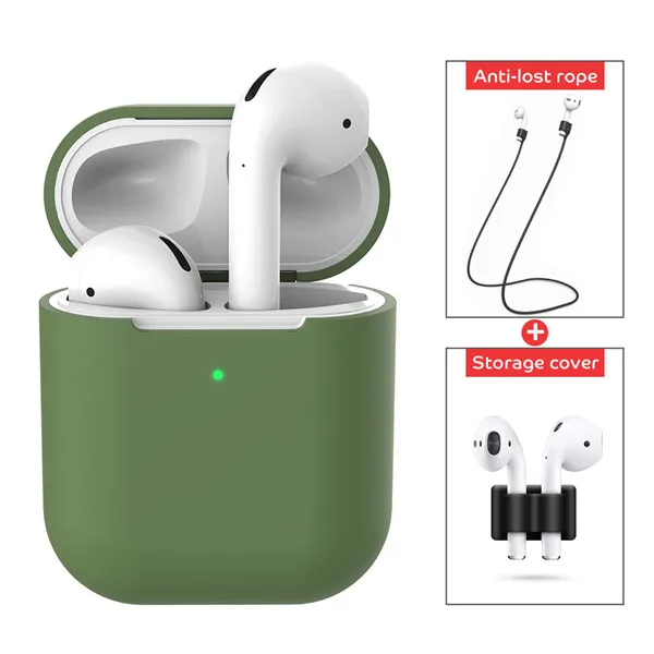 3 IN 1 Soft Liquid Silicone Wireless Earphone Case For Airpods 2 Apple Shell Accessories Cover Pouch Holder Anti-lost Strap - Цвет: green