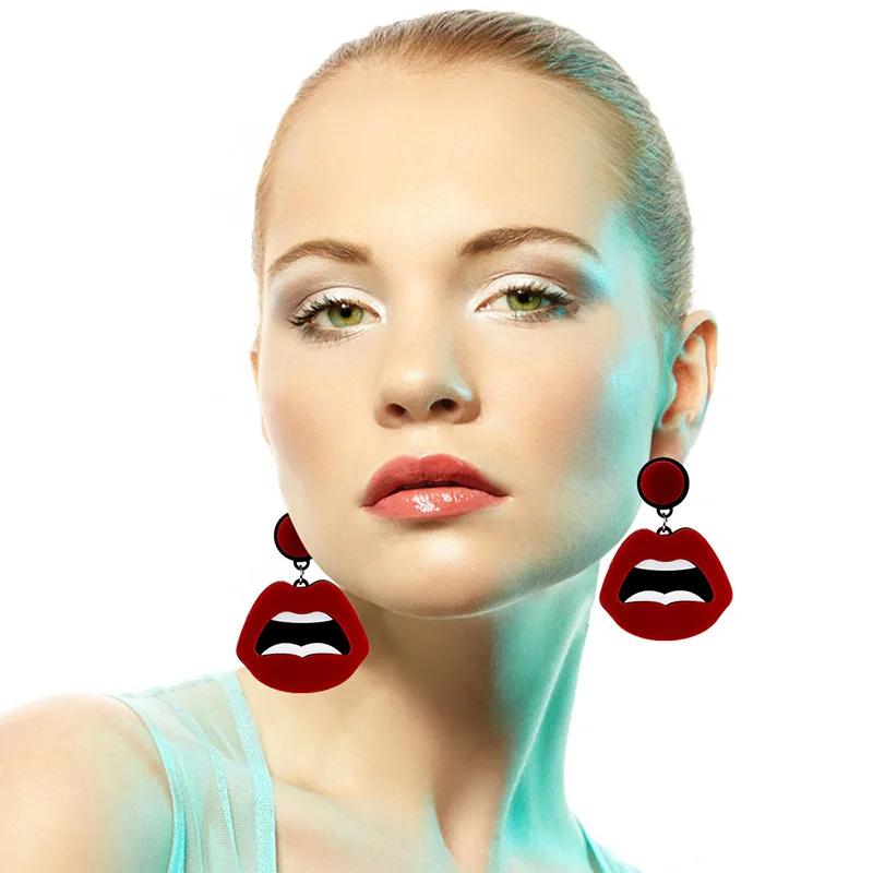Luxury Sexy Face Acrylic Tooth Mouth Red Lips Earrings Geometric Night