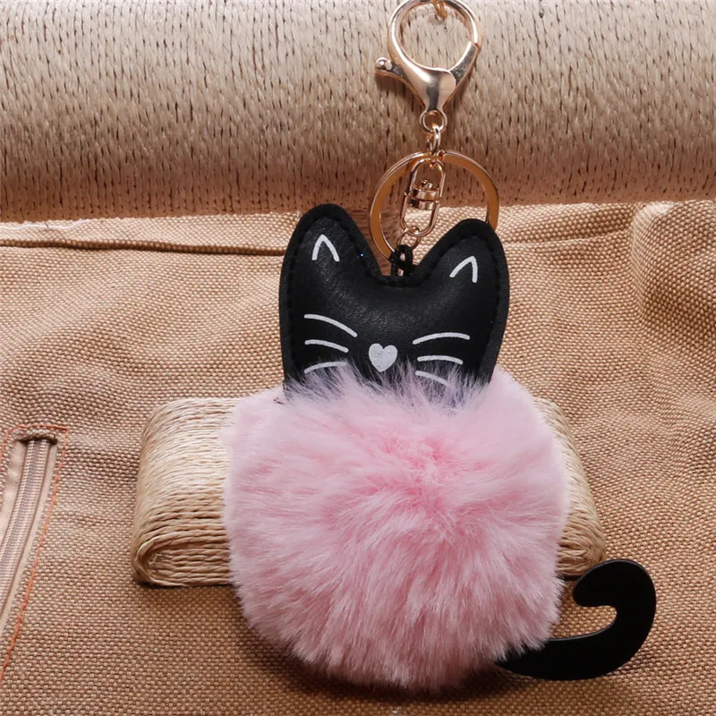 

Car Keyring Snow Fur Key Holder Rabbit Fur Ball Key Chain Black Cat Head Doll Keychain Animal Pompom Pendant Charm Jewelry juany
