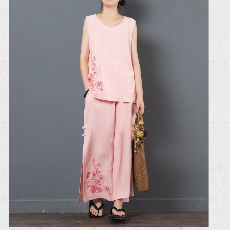 LZJN 2019 New Summer Women Sets Loose Tops and Pants Two Piece Suit Sets Women Casual Cotton Linen Tank Tops and Pants Set  (11)