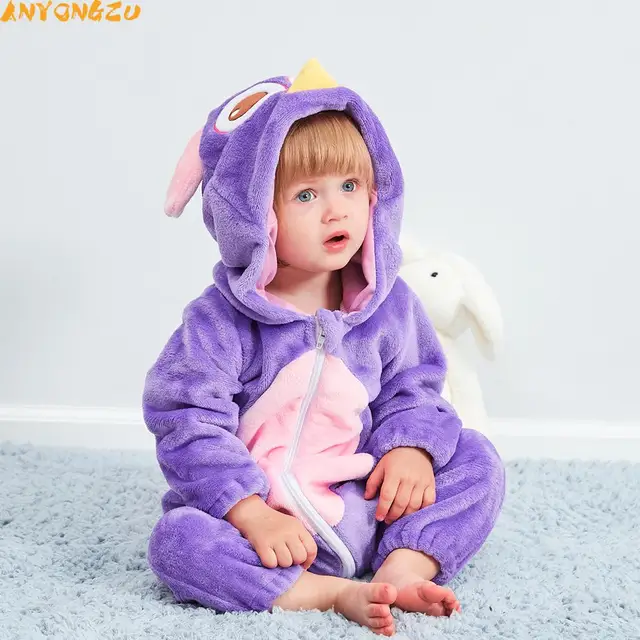 Anyongzu Baby Purple Pajamas Autumn Winter Flannel Garment Children Owl Cartoon Factory Dress And Hat 70 80 90 100