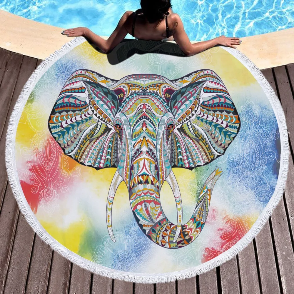 150CM india elephant Round Beach Towel With Tassels Microfiber Large Reactive Printing Serviette