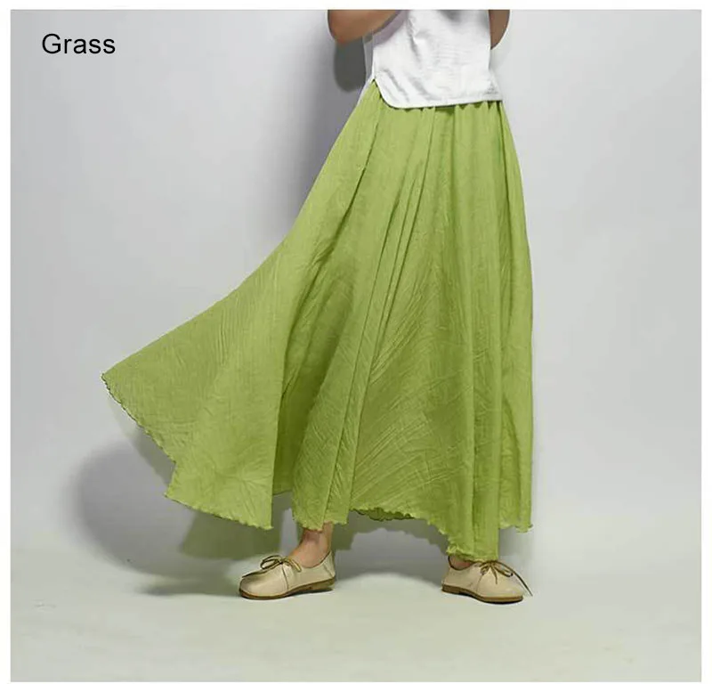 Японский стиль, Однотонная юбка с высокой талией для женщин, женские макси юбки, повседневные, эластичная резинка на талии, 2 слоя, красные, льняные, длинные юбки, saias P1 - Цвет: Grass