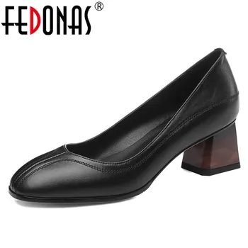 

FEDONAS Women New Spring Summer Genuine Leather Shallow Pumps Square High Heels Party Prom Dancing Shoes Woman Elegant Sandals