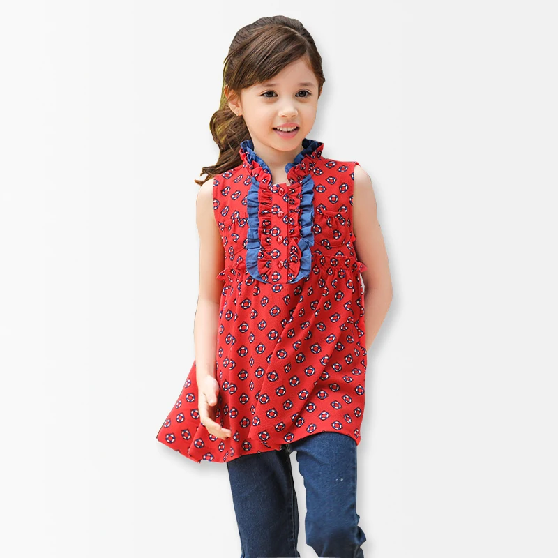 Print Chiffon Girls Red Blouse 2017 Summer Little Girls Blouses Casual