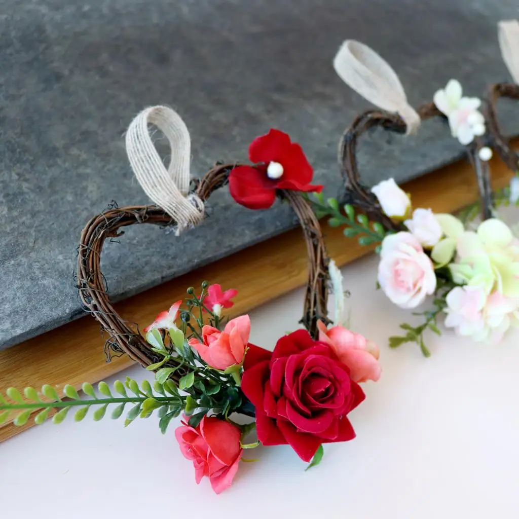 Heart Rattan Artificial Rose Flower Blossom Wreath Garland Chair Door Wall Decor