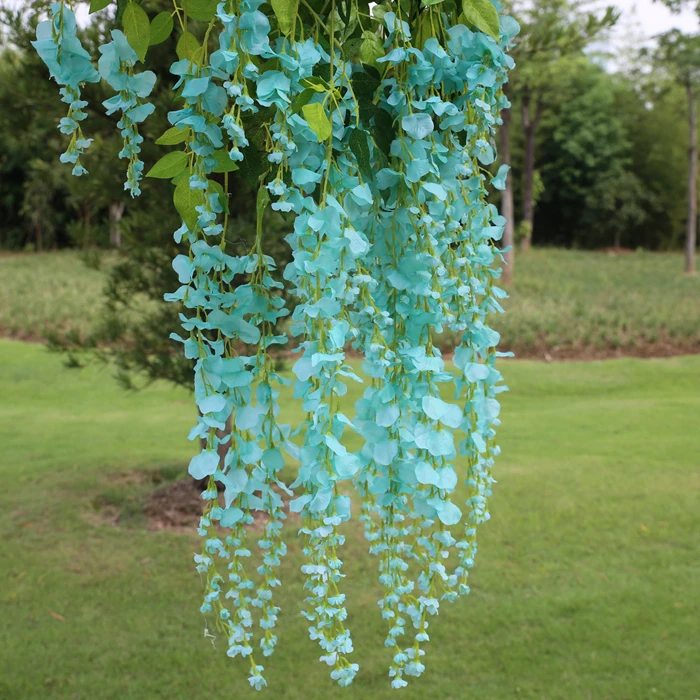 Por Silk Flower Hanging Baskets 12pcs Lot 110cm Tiffany Blue Wisteria Pudding Arch Wedding Decoration Simulation Rattan Flowers Silk