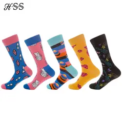 HSS 5 пар/лот Для мужчин; носки хлопковые с забавным штраф пункте полосатые носки износостойких дышащая езда на велосипеде Happy Socks