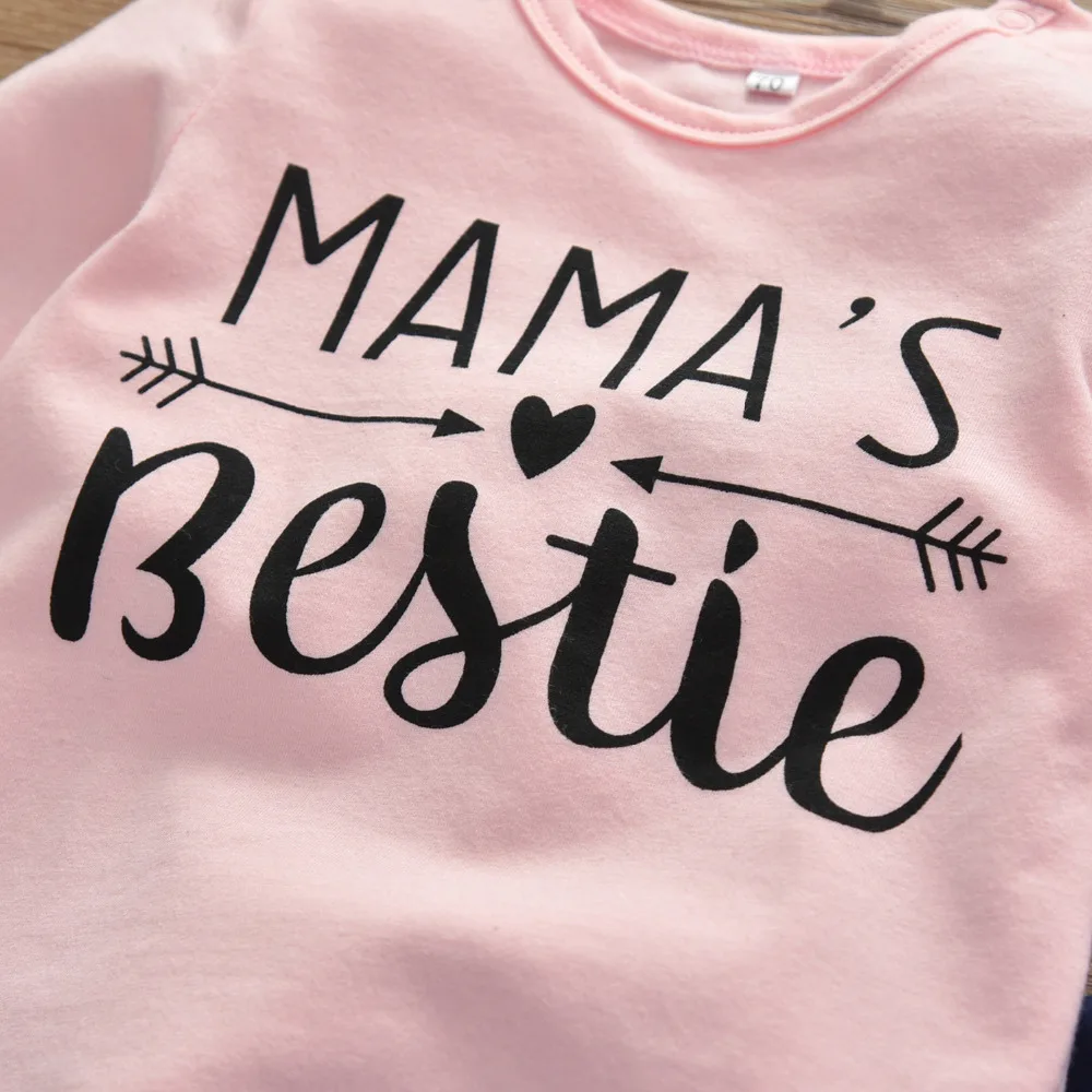 Комплект одежды из 3 предметов для новорожденных девочек, милый топ с длинными рукавами с надписью «Mama's Bestie»+ штаны+ повязка на голову, комплект одежды для младенцев, одежда для малышей