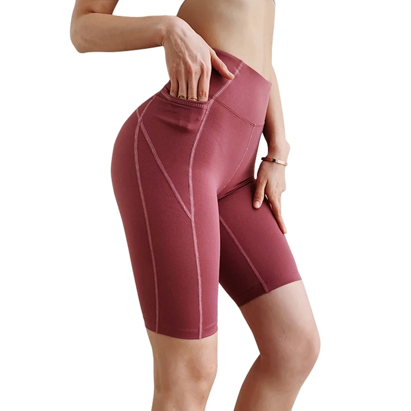 

Women Long Length High Waist Compression Soft Stretchy Sports Running Sweat Training Shorts with Mobile Pockets