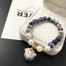 LE SKY модные простые милые керамические браслеты из бусин с камнем Lucky Cat для женщин и девочек, подарок на день рождения, женские очаровательные ювелирные изделия