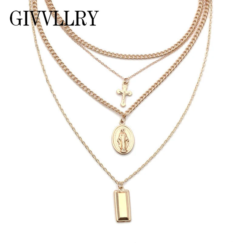 

GIVVLLRY Religious Multilayered Chain Necklaces Minimalist Gold Color Vintage Cross Jesus Virgin Mary Pendant Necklace for Women