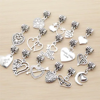 

Mix 30pcs Vintage Heart Charm big hole beads fit for pandora style bracelet DIY pendant jewelry making