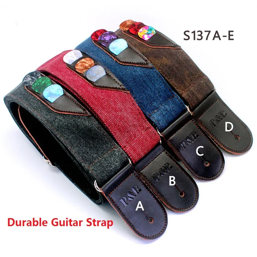 P&P 4 colors Guitar Strap good real leather end with pick holder bags
