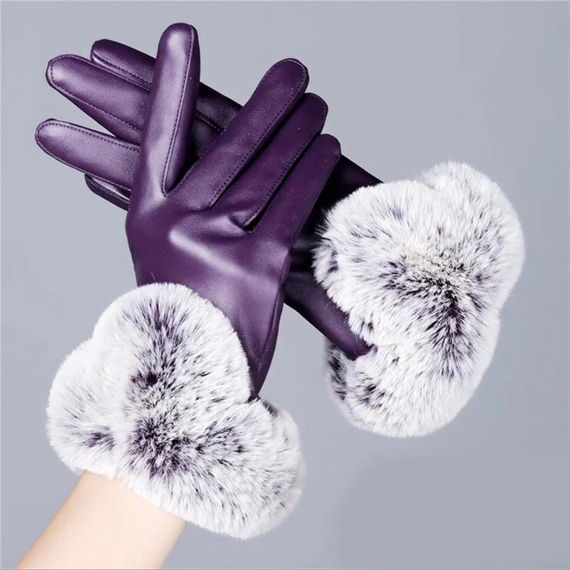 Buy Fashion Elegant Rabbit Hair Ball PU Leather Gloves
