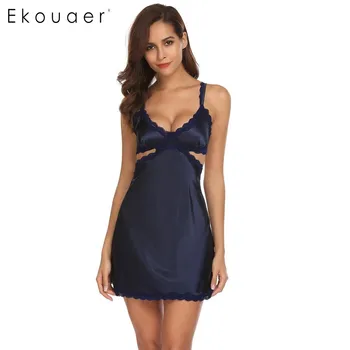 

Ekouaer Women Sexy Lingerie Lace Trim Cut Out Backless Satin Babydoll Chemise Sleepwear Night Wear Summer 2018 New Home Dress