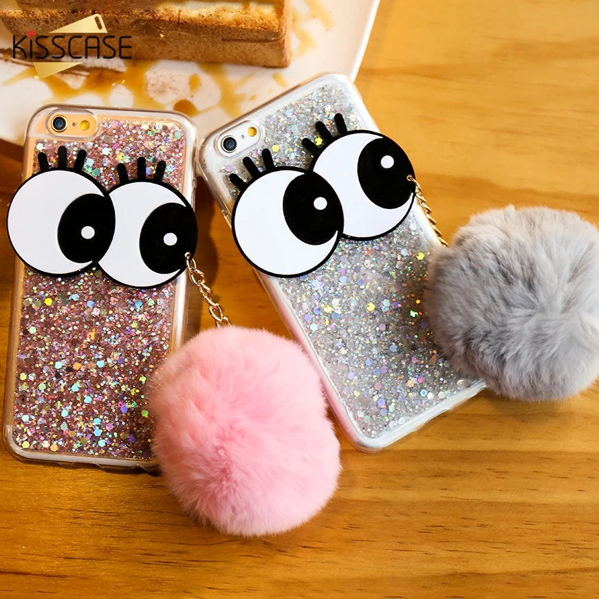 

Case For iPhone 6 6s 6 Plus 6s Plus Cover Luxury Powder Paillette Glitter Coques Fur Ball Cover For iPhone 6 6s Cases Cute Eyes