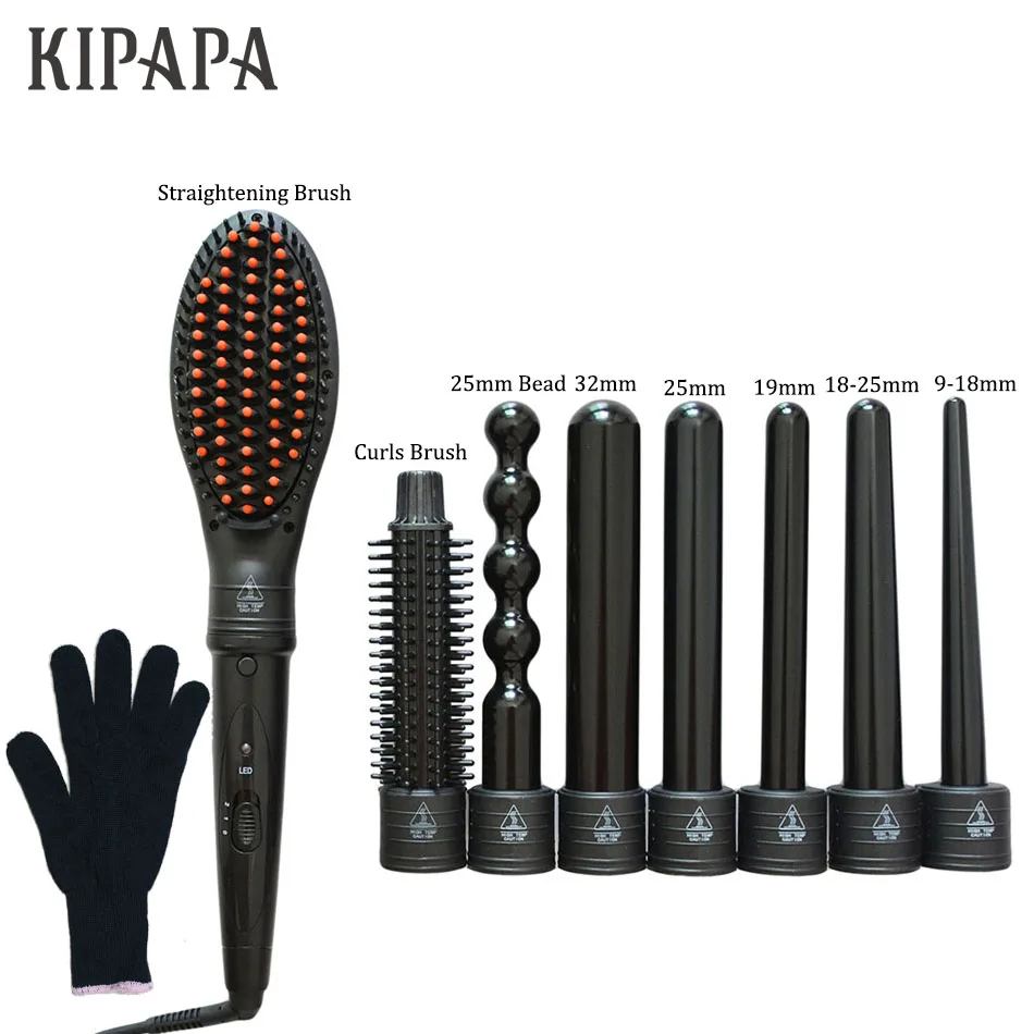 Murah KIPAPA Curling Wand Set 0.35 untuk 1.25 Inch Travel Keramik Penjepit rambut Keriting Besi Datar Rambut Besi Sikat Sisir memilih