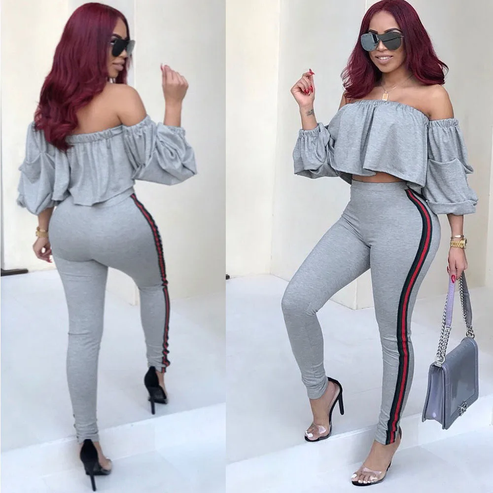 2018 نساء الساخنة مثير قبالة الكتف الكشكشة مائل الرقبة نصف كم المحاصيل قمم مرونة الخصر كامل طول نحيل سروال