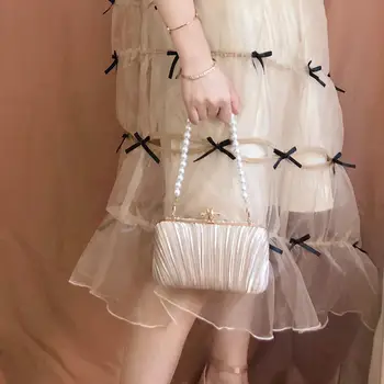 

Pleated silk clutch bag pearl portable vintage retro small square bag diagonal chain dress banquet bag