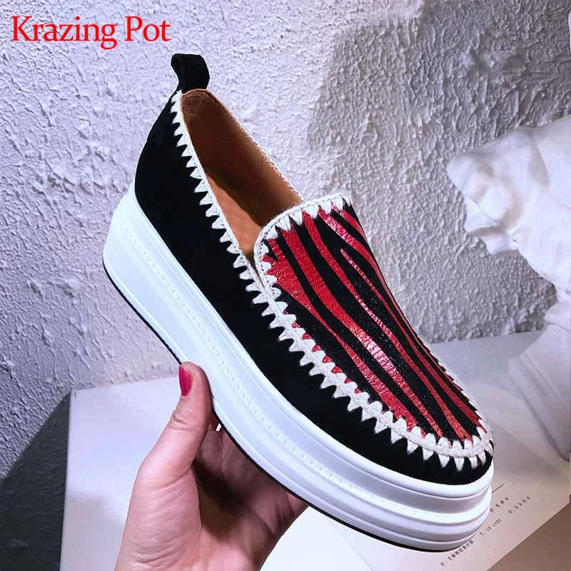 

Krazing pot new sheep suede gingham decoration platform sneakers round toe light bottom mixed color slip on vulcanized shoes L82