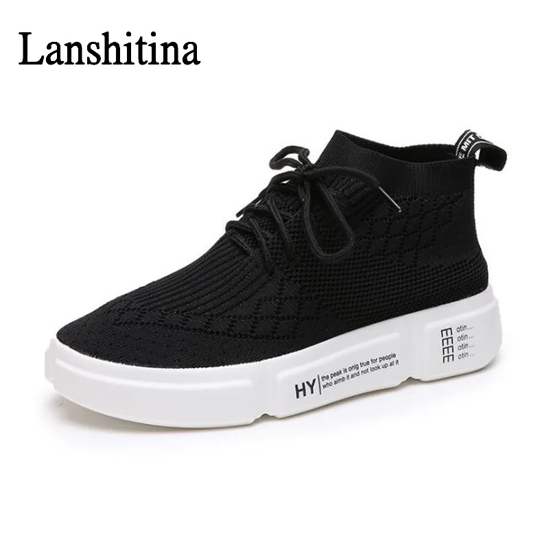 

2019 Spring High Top Sneakers Women Knit Upper Breathable Sock Shoes Woman Thick Sole Fashion sapato feminino Black / White /Red