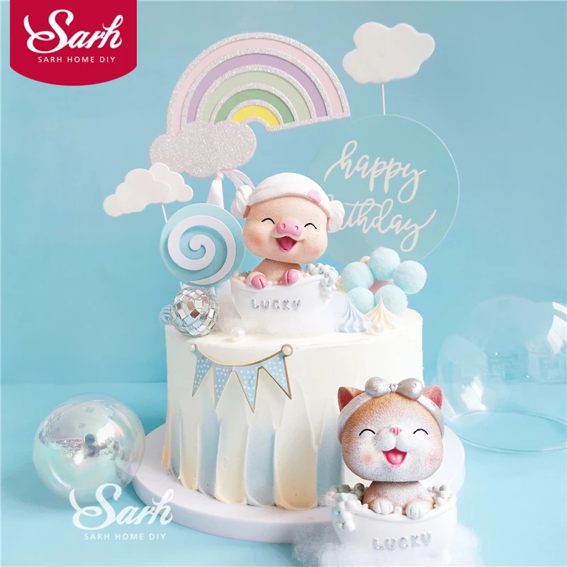 

Shaking head Cat Pig Decoration Happy Birthday Shiny Hand Writing Letter Cake Toppers Children's Day Party Supplies Lovely Gifts
