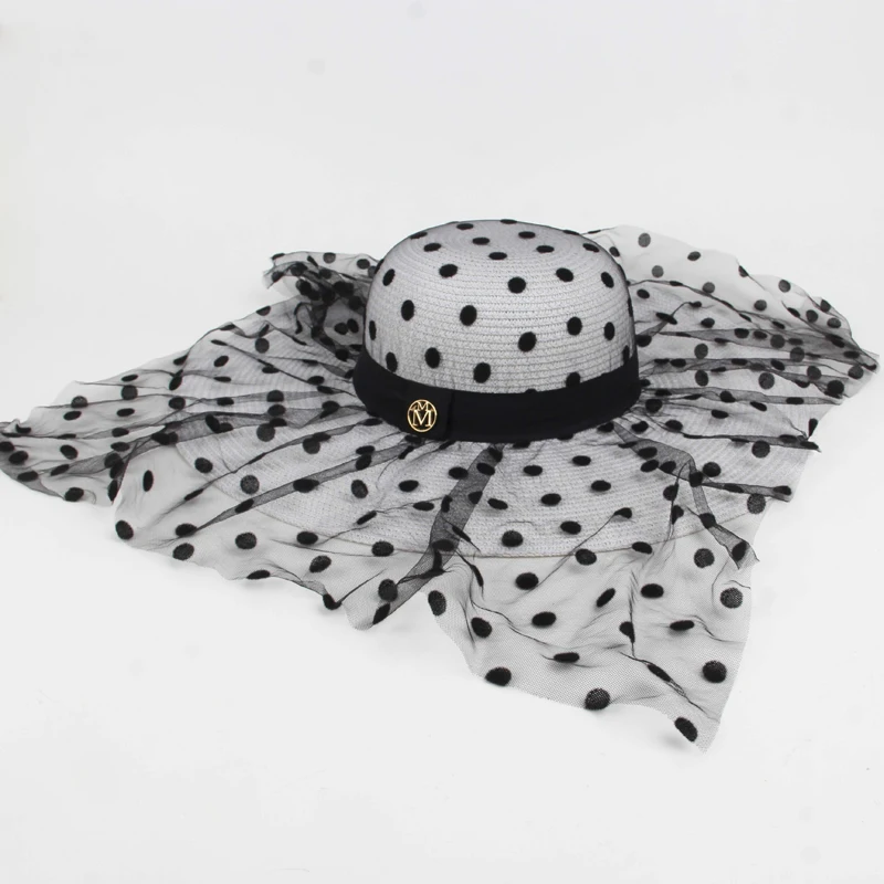 PZZY JGDD المرأة قبعة صيفية من القش اليدوية القش النسيج موجة نقطة وشاح قبعات للحماية من الشمس كبيرة واسعة حافة الشاطئ قبعة طوي بنما قبعات