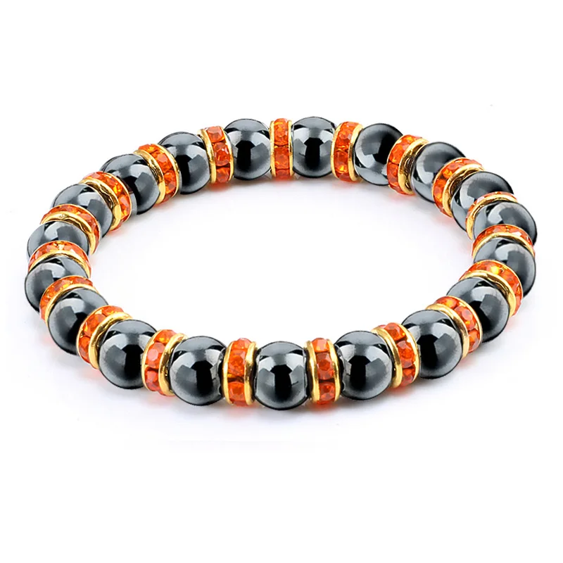 Классический Браслет из натурального камня для женщин, энергетический гематит, бусины, стразы, эластичная веревка, браслеты и браслеты, мужские ювелирные изделия - Окраска металла: Orange