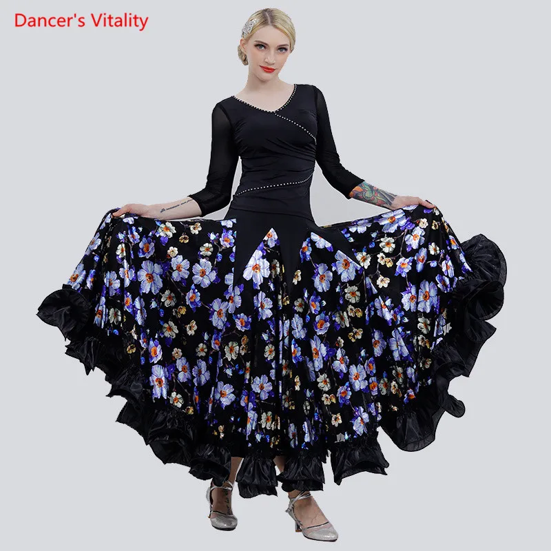 custom-made-ballroom-dance-suit-tops-print-big-swing-skirts-2pcs-set-for-women-latin-ballroom-waltz-dance-performance-costumes