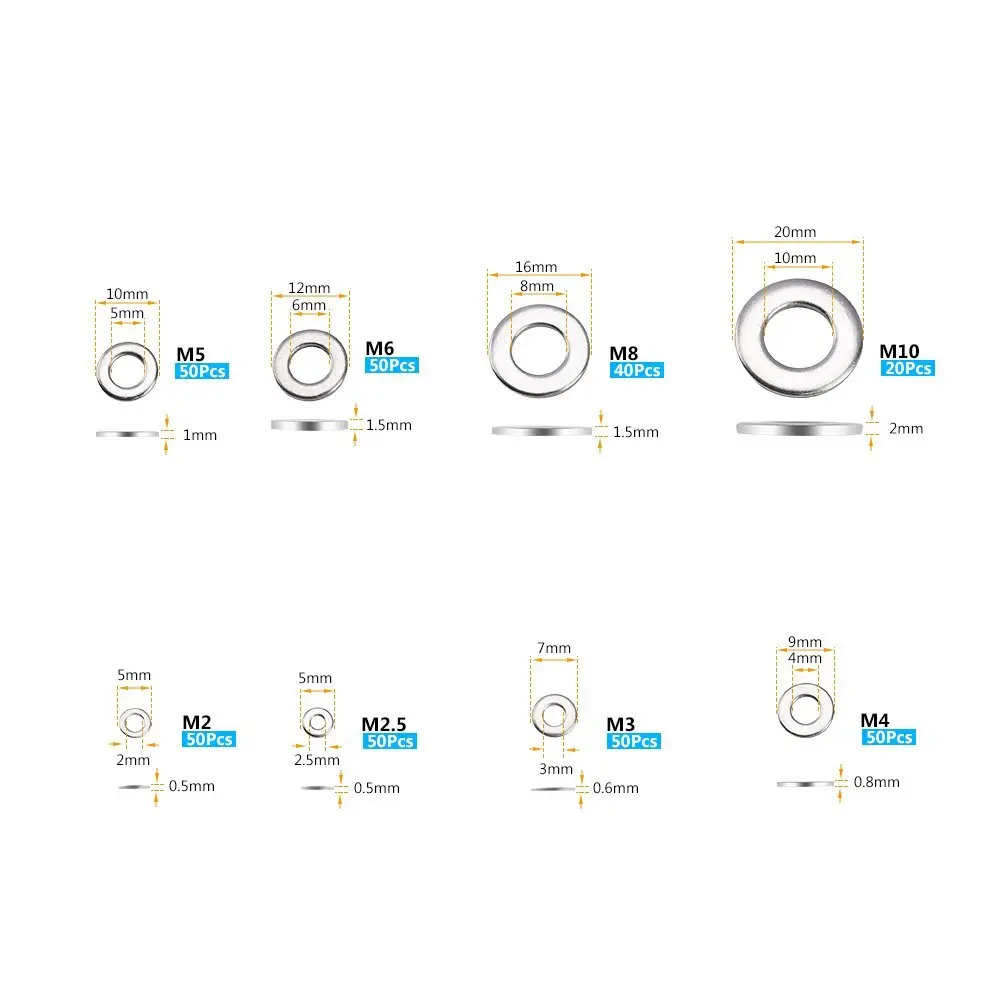 SODIAL 360Pcs Stainless steel Flat Washers Sealing Ring Washers Assortment Set 8 Sizes in a storage Box