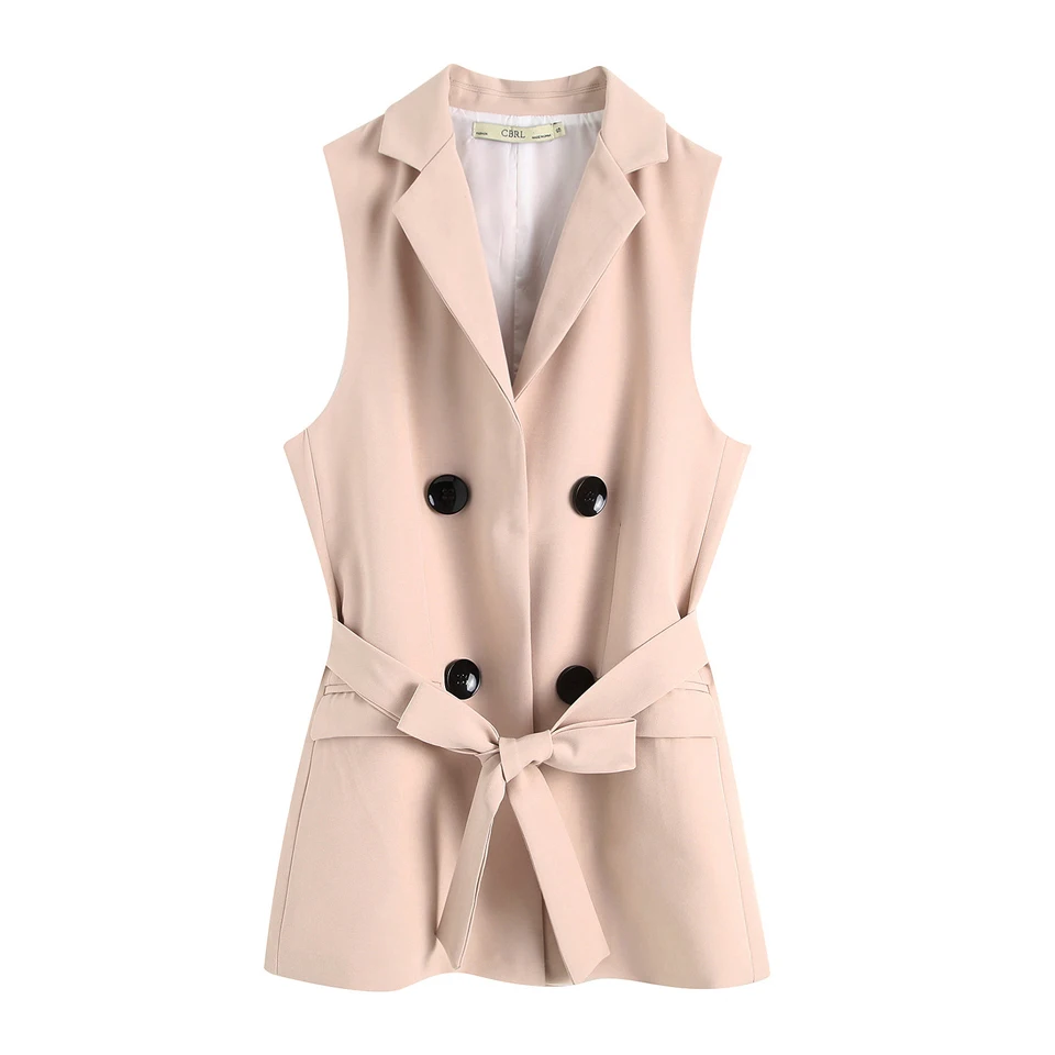 

Women Office Lady Casual Solid Vests Coats Spring Summer Double Breasted Belt Bow Female WaistCoat colete Vest Jackets Outerwear