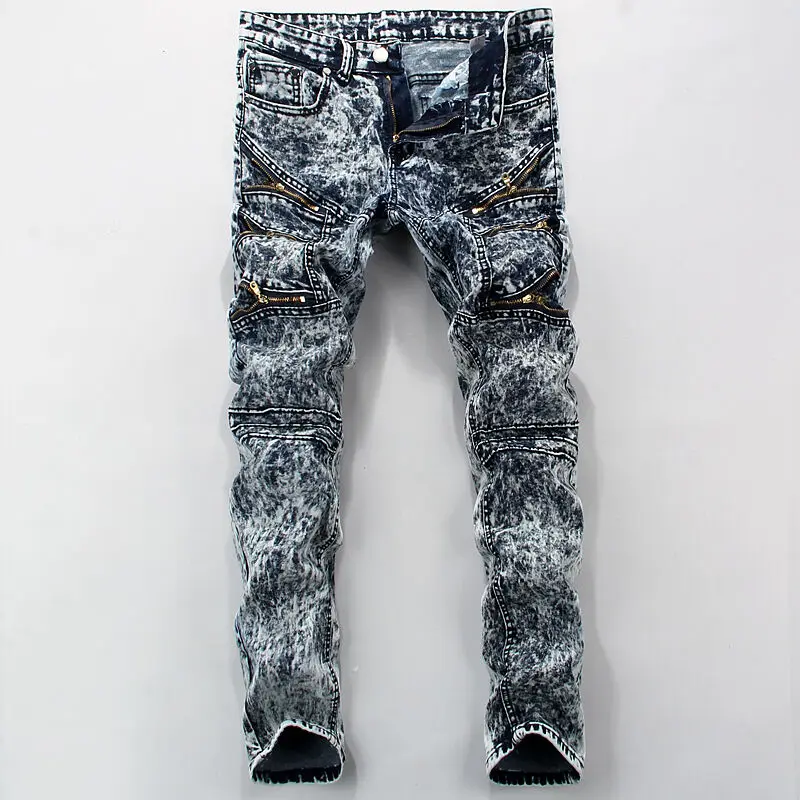 Хип хоп для мужчин Стильный рваные джинсы брюки для девочек Байкер обтягивающие джинсы тонкий прямой снег мыть молния синие джинсовые штаны