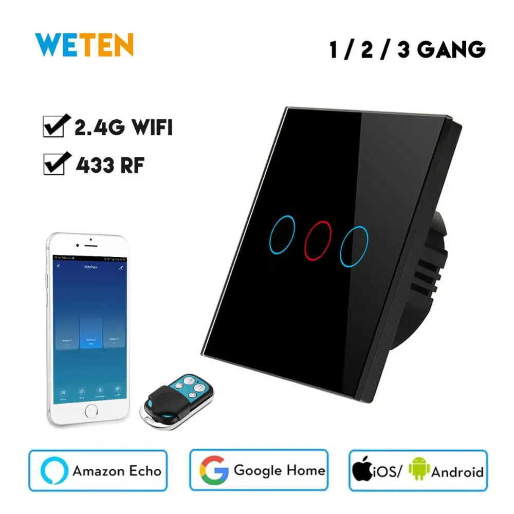 

Smart Wifi Switch Touch Light Switch App/433 RF/Voice Control with Alexa Google Home 1 2 3 Gang EU UK 220V Glass Wall Switch